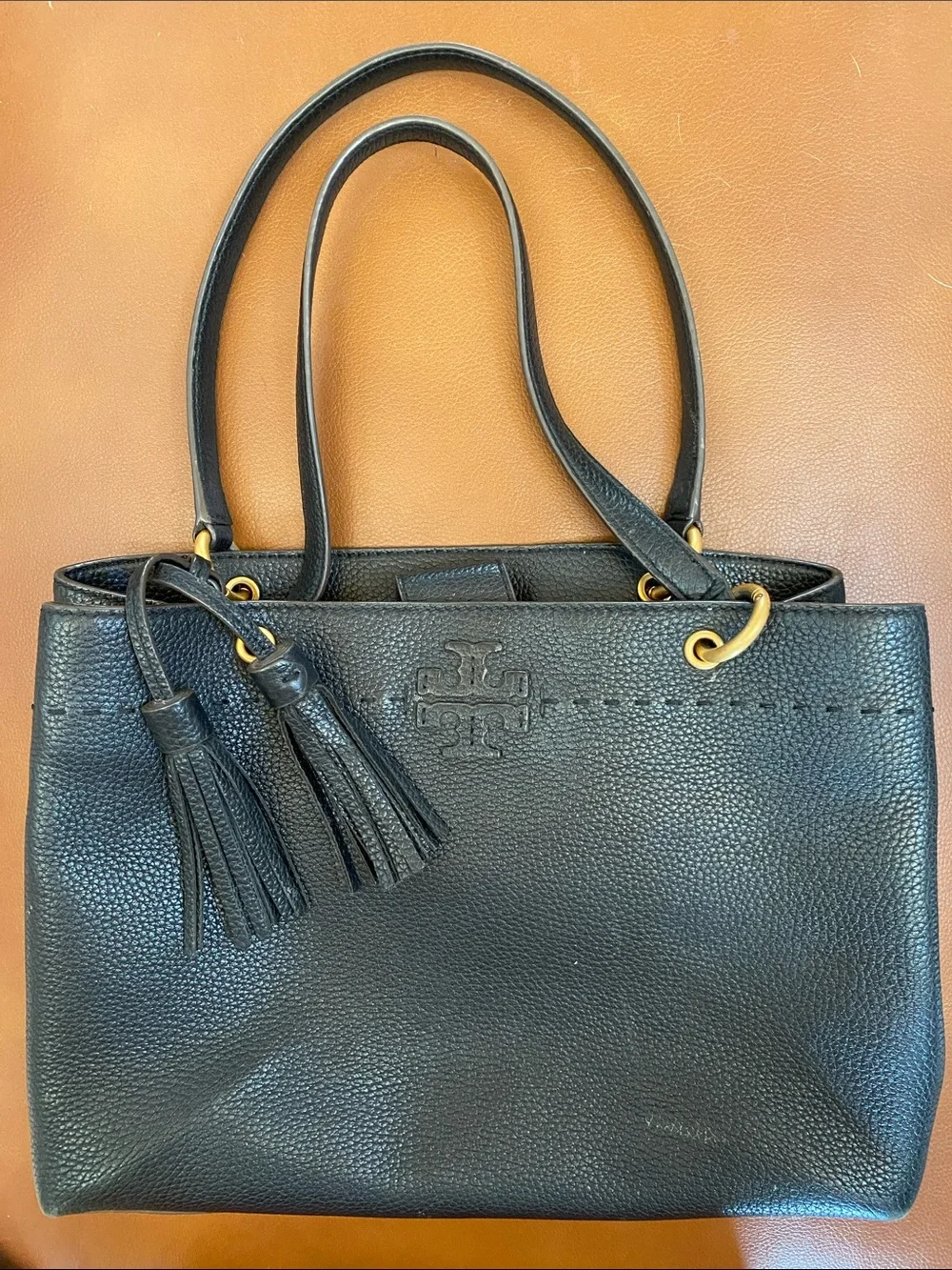 Tory Burch Black Pebbled Leather Shoulder Bag with Tassels